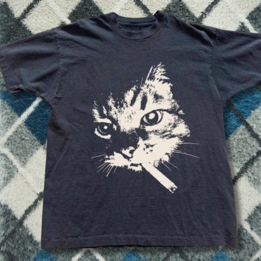 Grunge Cat Face Graphic Tee Black Meme Cat Humor Shirt